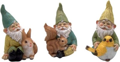 Pastel Gnome Statues Set of 3 Woodland Animals 8.25''