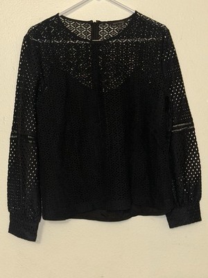 Banana Republic Black Crochet Button Blouse Long Sleeve Petite L