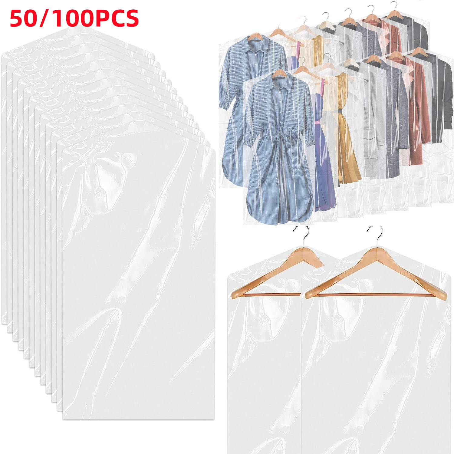 100 Packs Clear Polythene Garment Covers Clothes Suit Dress Dry Cleaner