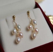 Fashion AAA 6-7mm real natural white akoya Pearl STUD Earrings 14K YELLOW GOLD