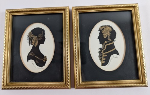 Vintage Pair of Framed Silhouettes Paintings Signed E Linder Candlelight Series - Picture 3 of 7