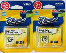 New Genuine Brother P-Touch M-231 Black on White 2PK Tape
