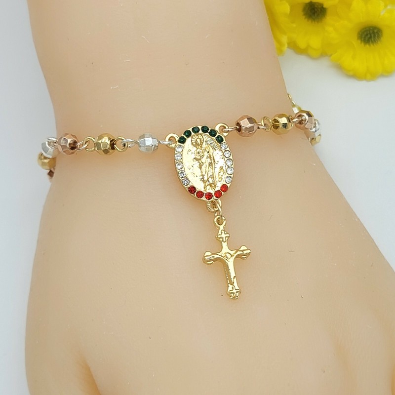 Tri Color Gold Plated Saint Jude With Crucifix Bracelet. San Judas Oro Laminado - Product main view