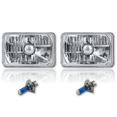 4X6 Diamond Crystal Clear Glass Lens Metal Headlight H4 Light Bulb Headlamp Pair