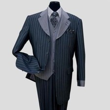 Men's Luxurious Wool Feel High Fashion Stripes Four Button Suit w/ Vest 2911