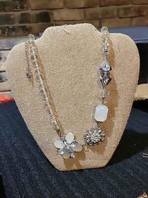 Vera Wang Faceted clear and white glass necklace w/ logo charm