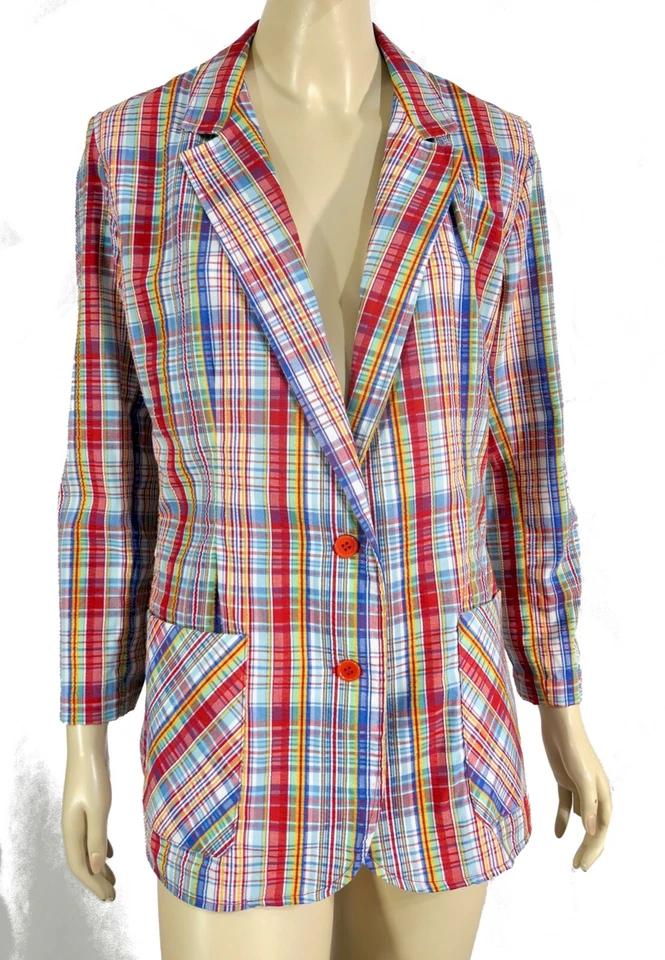 Vintage 70s Mod Hippy Cotton Blend Candy Plaid Red Button Blazer L XL - Image 3 of 4