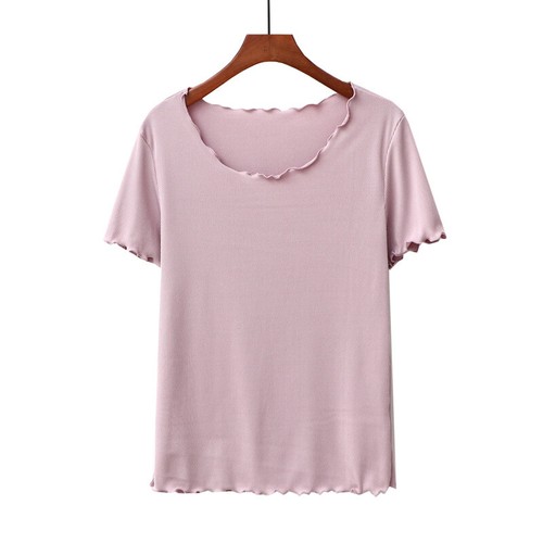Women Ice Silk Elastic Lace Collar Short-Sleeved Shirt Solid Color Bottoming - Picture 65 of 72
