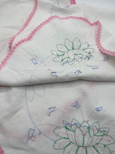 Vintage Cross Stitch Embroidered Linen Dresser cloth Table cloth Lotus flower! - Picture 6 of 7