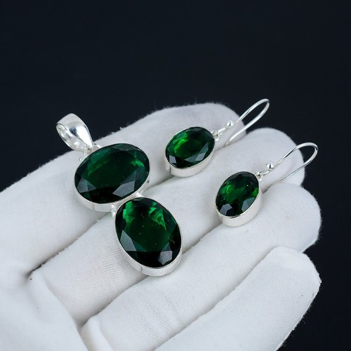 Cromo Diopside Gemma 925 Pendente Argento Sterling E Orecchini Gioielli Set - Foto 3 di 4