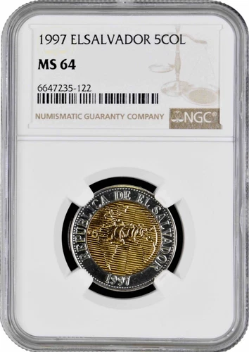 El Salvador 5 colones 1997, NGC MS64, "The Discovery of America" NOT RELEASED