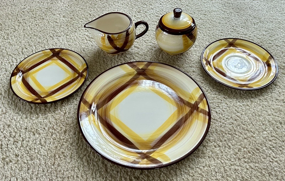 15 uds. Cerámica Vernon Ware ORGANDIE a cuadros EE. UU. Vernon Metlox California 1937-58 Foto 2 de 4