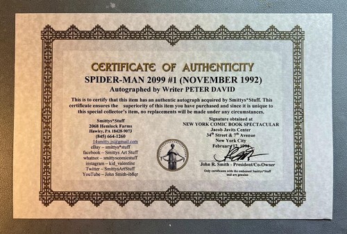 SPIDER-MAN 2099 1 (NM+ 9,6) FIRMADO POR EL ESCRITOR PETER DAVID incluye certificado de autenticidad 1992* - Imagen 4 de 5