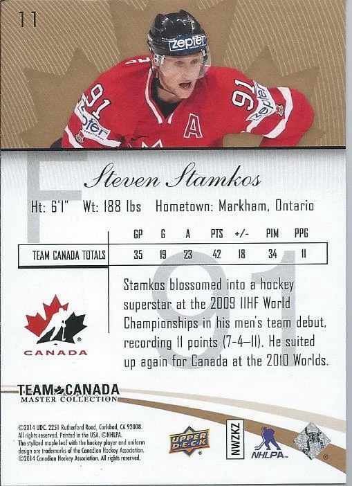 2015-16 UD Upper Deck Team Canada Master Collection STEVEN STAMKOS #11 206/499 - Image 2 of 2