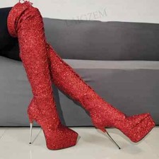 Women Over High Boots Glitter Pointed Toe Stiletto High Heels Full Zip Up Party