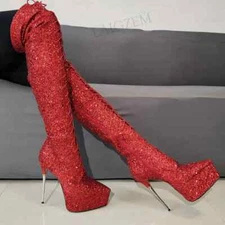 Women Over High Boots Glitter Pointed Toe Stiletto High Heels Full Zip Up Party