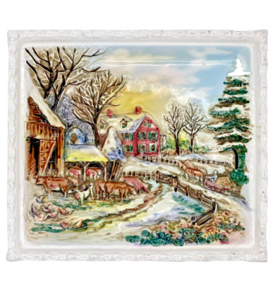 Vintage Winter Farm Scene Hand Painted Ceramic Tray Country Decor Japan -A13