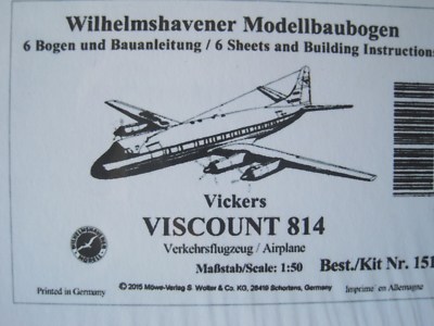 Vickers Viscount 814 Flugzeug Wilhelmshavener Kartonmodel Bastelbogen