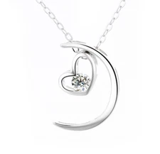 Crescent Moon CZ In Heart Pendant Necklace 925 Sterling silver 18" Gift Box C1