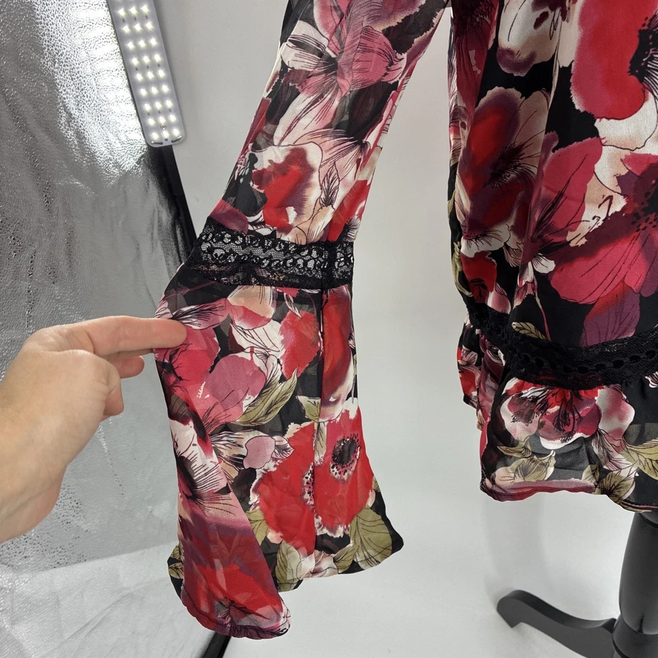 Blusa Bebe Mujer XL Negra Roja Floral Con Cordones Campana Manga Larga Boho Top Foto 3 de 4