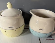 Rae Dunn By Magenta SCOOP Sugar Bowl and Lid Polka Dot yellow creamer POUR blue