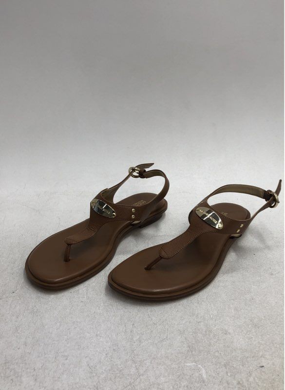 Michael Kors Plate Thong Brown Leather Ankle Strap Sandals Women's Size 7