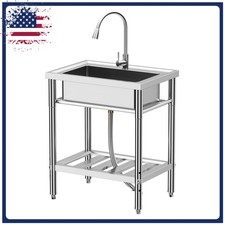 Stainless Steel Sink, Freestanding Single Trough Kitchen Sink with Faucet
