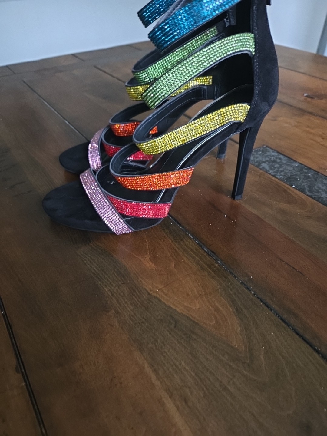Gianni Bini Rubaleigh Rainbow Rhinestone Multi Strap Heels Black Sandals Sz 8m image 6