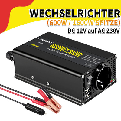 600W Car Wechselrichter 1500W Max Spannungswandler DC 12V auf AC 230V mit 2 USB