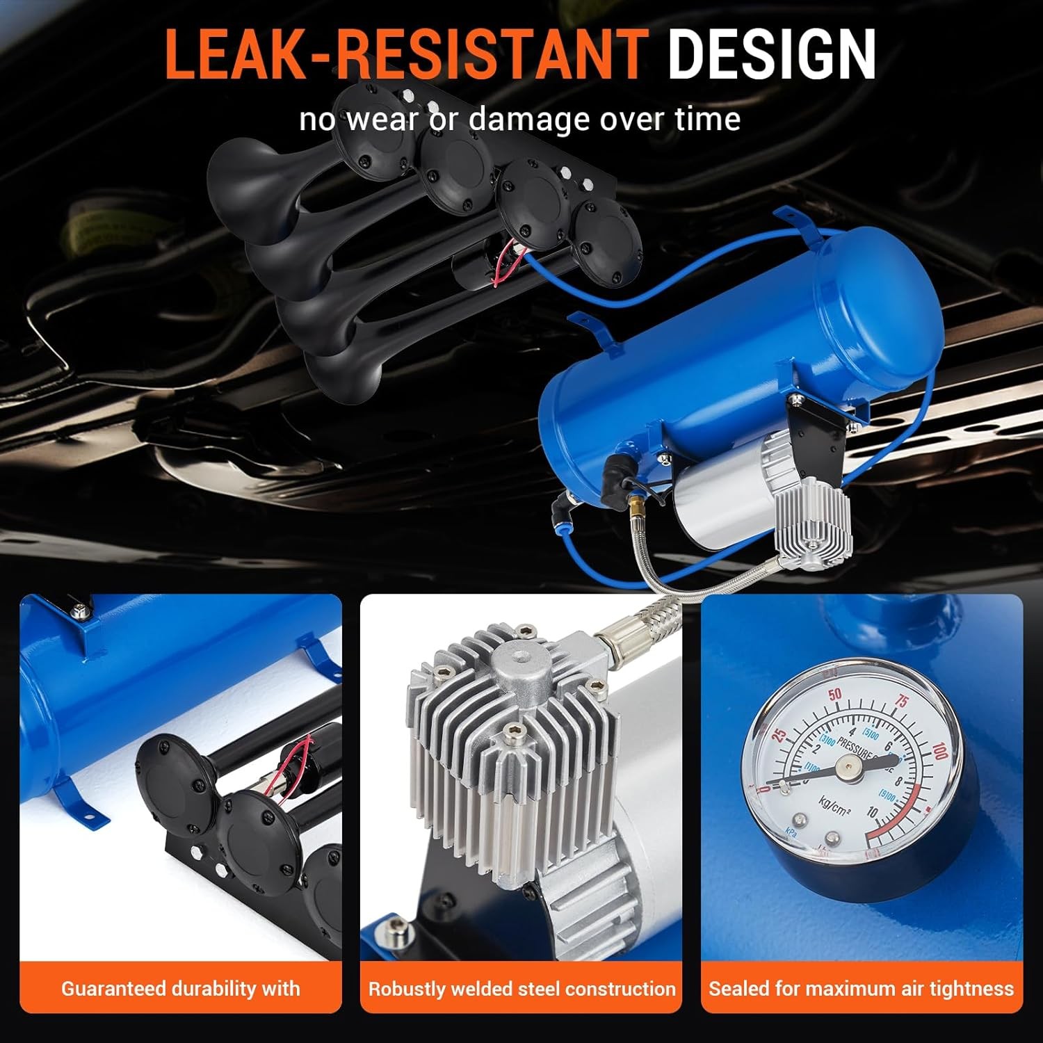 Air Horn Truck Train Horns Kit 12V w/6L Air Compressor 4 Trumpets 150db 150PSI