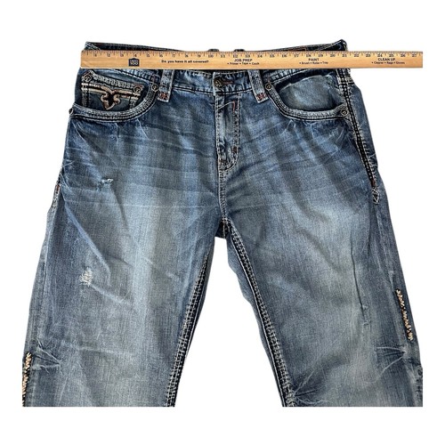 Rock Revival Renan Relaxed Straight 17 Jeans Men 42x33 Blue Distressed Denim - Picture 6 of 17