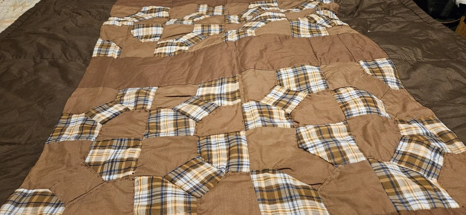 Rustic Plaid Patchwork Quilt - Brown & Blue Cozy Throw 61x43" - Image 3 of 4