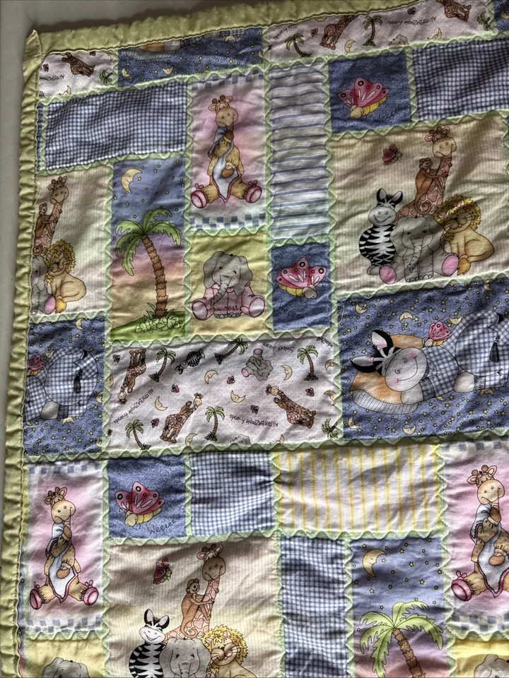 "Manta de bebé hecha a mano parche tramposo animales de zoológico lunares verdes espalda 27X36""" Foto 4 de 4