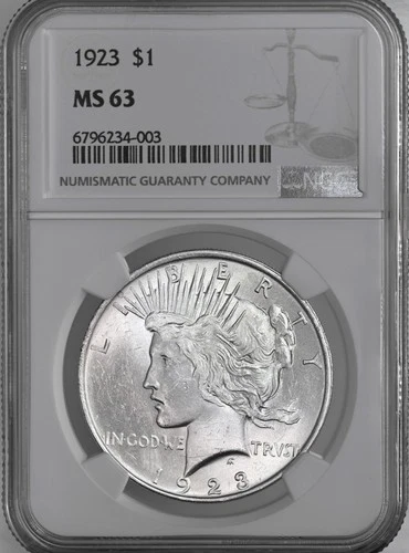 1923-P  $1 PEACE SILVER DOLLAR  "PHILADELPHIA MINT"  NGC MS63 #6796234-003
