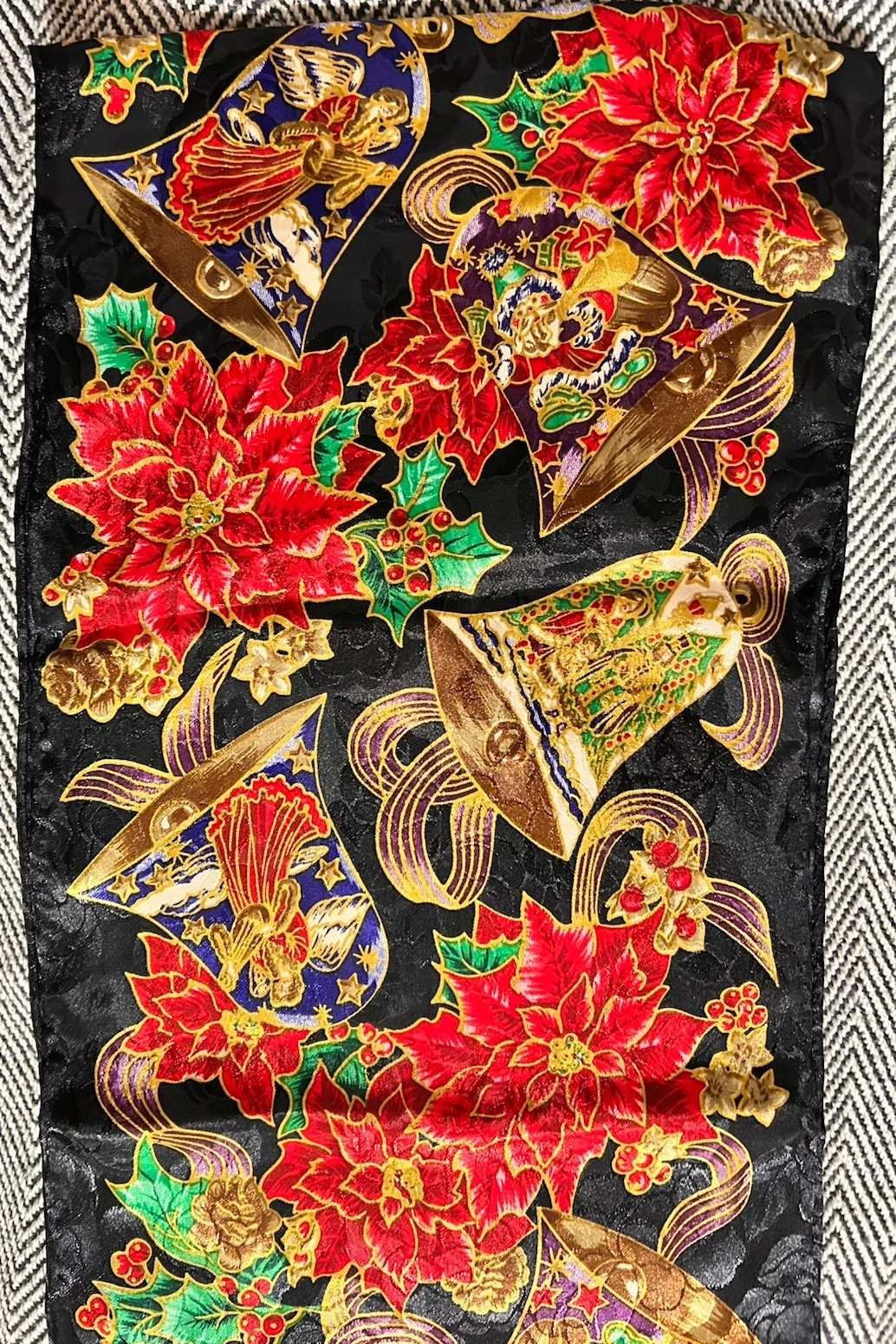 Stunning Handmade Italian Silk Holiday Scarf Pictorial Bells & Poinsettias 52x10