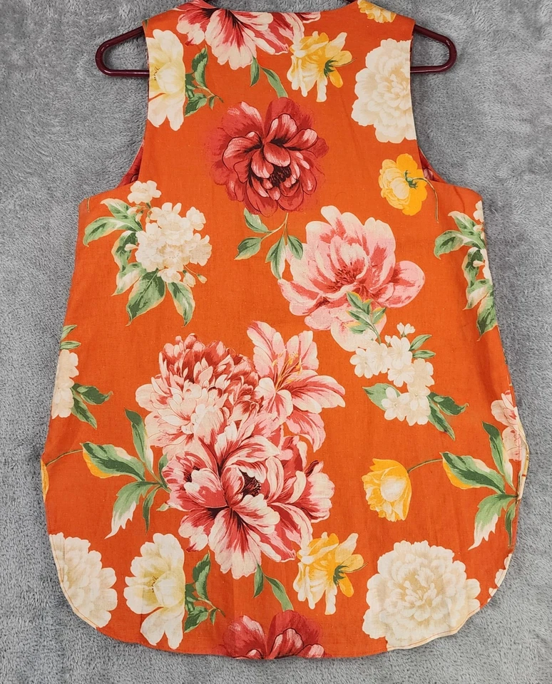 NM Camisa Neiman Marcus Mujer Mediana Naranja Floral Boho Sin Mangas Lino Top Foto 2 de 4
