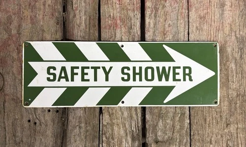 New ListingOriginal Early Vintage Industrial Safety Shower White & Green Porcelain Sign