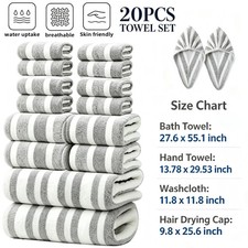 Bath Towel Set - Soft Cotton 2/Bath 6/Hand 10/ Face 2/Hair Drying Caps - 20 Pcs