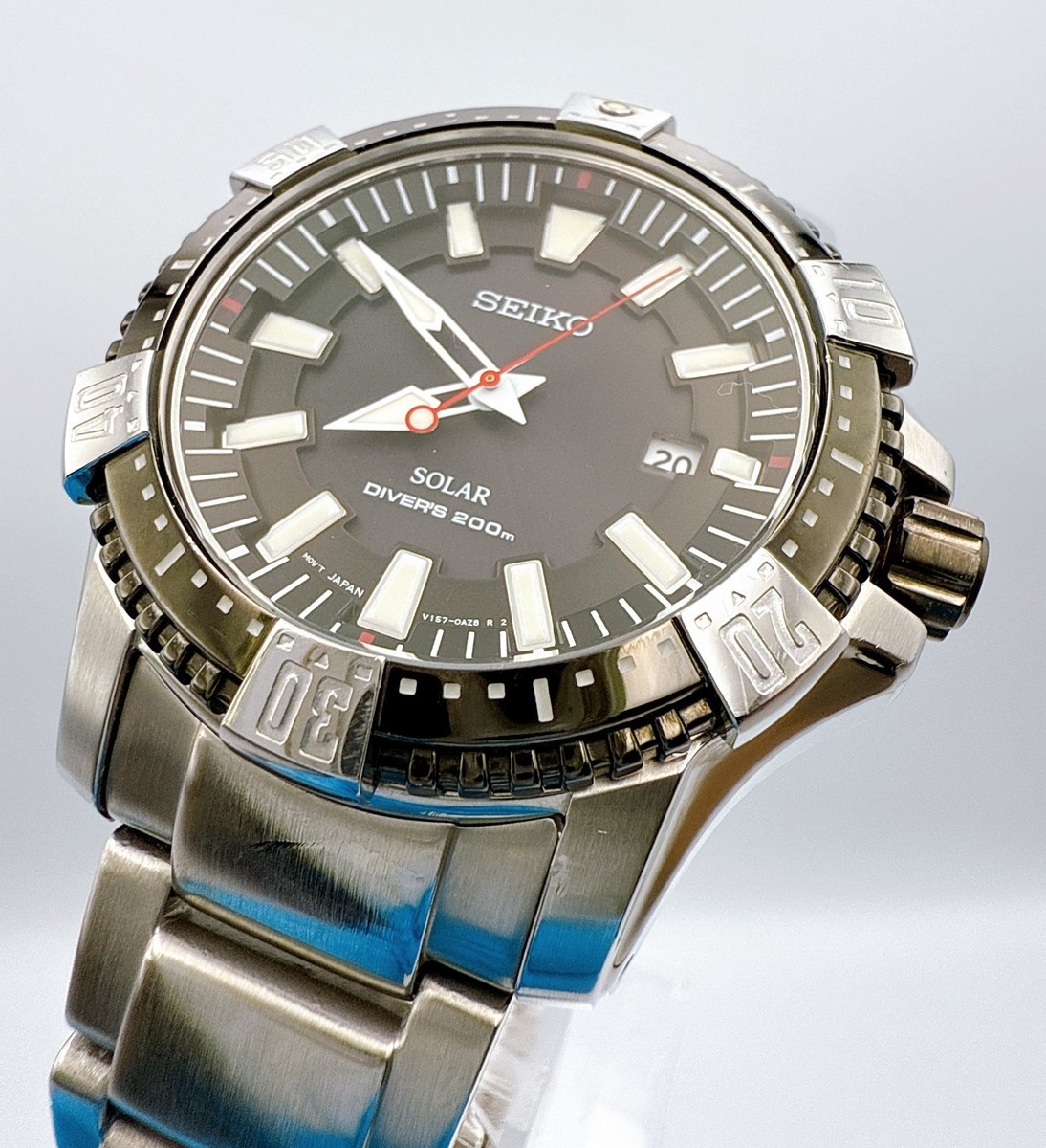 SEIKO V157-0AS0 Solar Diver's Black Dial Quartz Watch Japan w