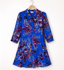 Calvin Klein Tropical Palm Leaf Print Flowy Tie Neck Dress Blue Vacation Sz 12