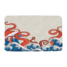 Octopus Great Wave Bath Mat Red Kraken Tentacles Blue Ocean Wave Nautical Sea...