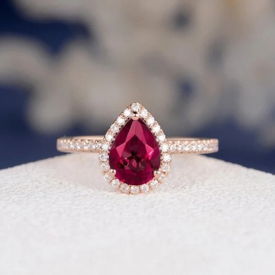 Pear Cut Simulated Pink Ruby Pretty Engagement Band Ring In 14k Rose Gold Plated