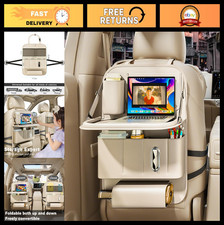 Backseat Car Organizer with Foldable Tray Storage Pockets for Kids - Beige