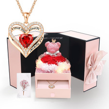 Preserved Red Rose Gift Box with Heart Necklace Eternal Real Rose Dainty Love Pe