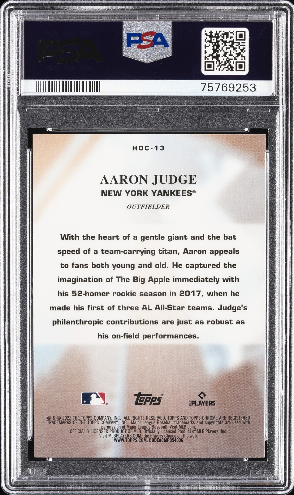 2022 TOPPS CHROME HEART OF THE CITY #HOC13 AARON JUDGE PSA 10 view 2
