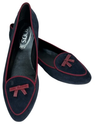 TOD'S Women's Blue w Red Trim Suede Belgian Loafer Shoes Size 36.5 Made in Italy