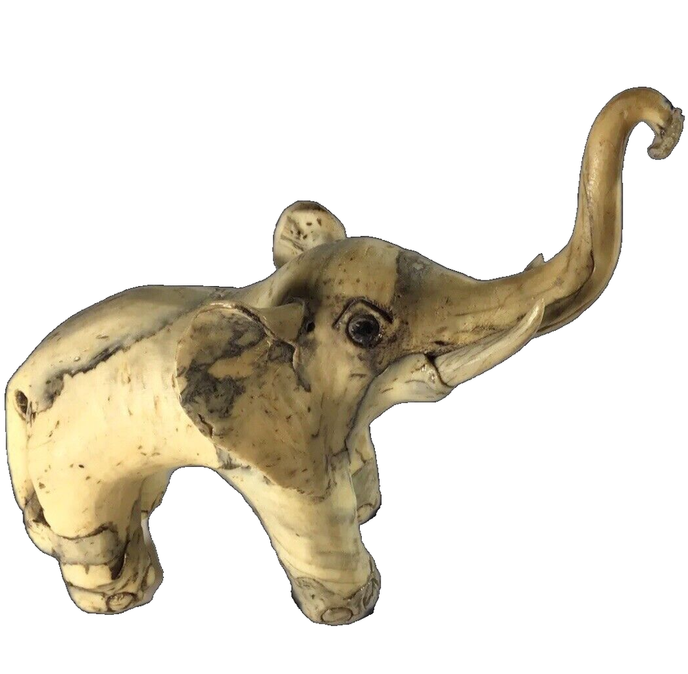 PAPER MACHE ELEPHANT FIGURINE LACQUERED MARBLED FOLK ART TRUNK UP 6 1/4