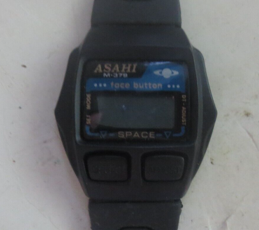 Vintage Asahi M-379 Digital Watch Space Face Button Modern Black