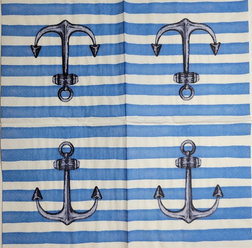 ZWEI einzelne Papier Mittagessen Decoupage Servietten - 2375 Matrosenanker blaue Streifen - Bild 2 von 2