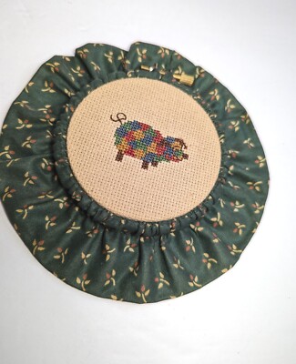 Framed Finished Completed CrossStitch Colorful Pig Gathered Flower Trim Vintage 